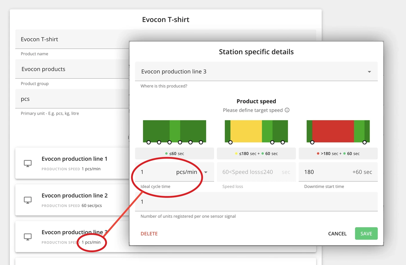 Captura de pantalla: Cada uno de estos productos tiene su "tiempo de ciclo ideal" (Ideal cycle time) definido en la configuración. Por ejemplo, la camiseta tien