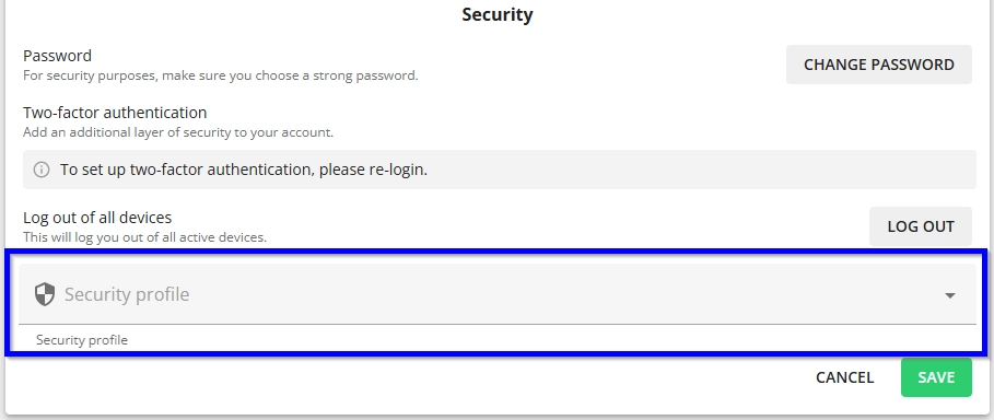 Captura de pantalla: En la sección Security (Seguridad) hay un menú desplegable para el perfil de seguridad (Security profile):