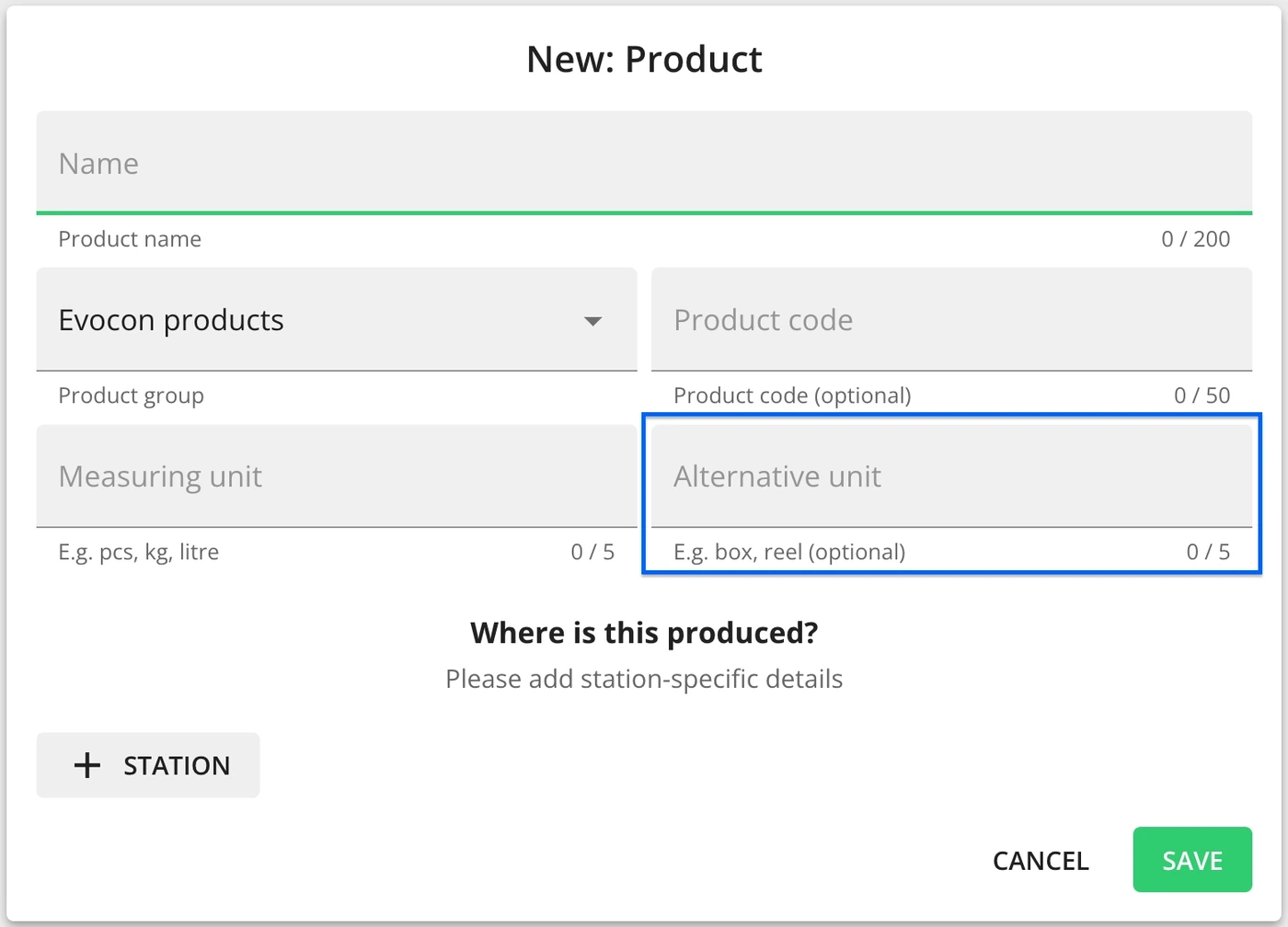 Captura de pantalla: Enter the alternative unit, for example, we have set it as “box” (this enables the feature and you can set the conversion details between u