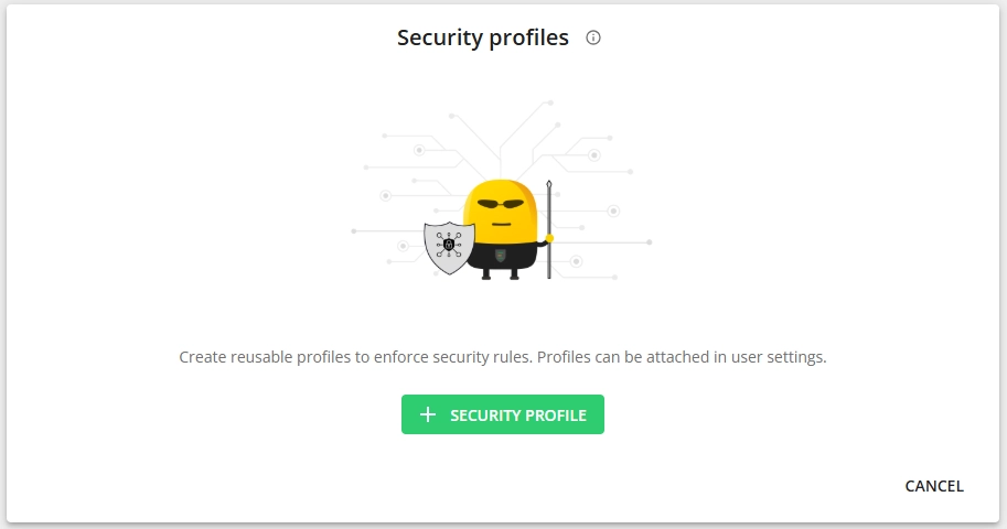 Captura de pantalla: Para agregar un perfil, haga clic en el botón +SECURITY PROFILE (+Perfil de seguridad):