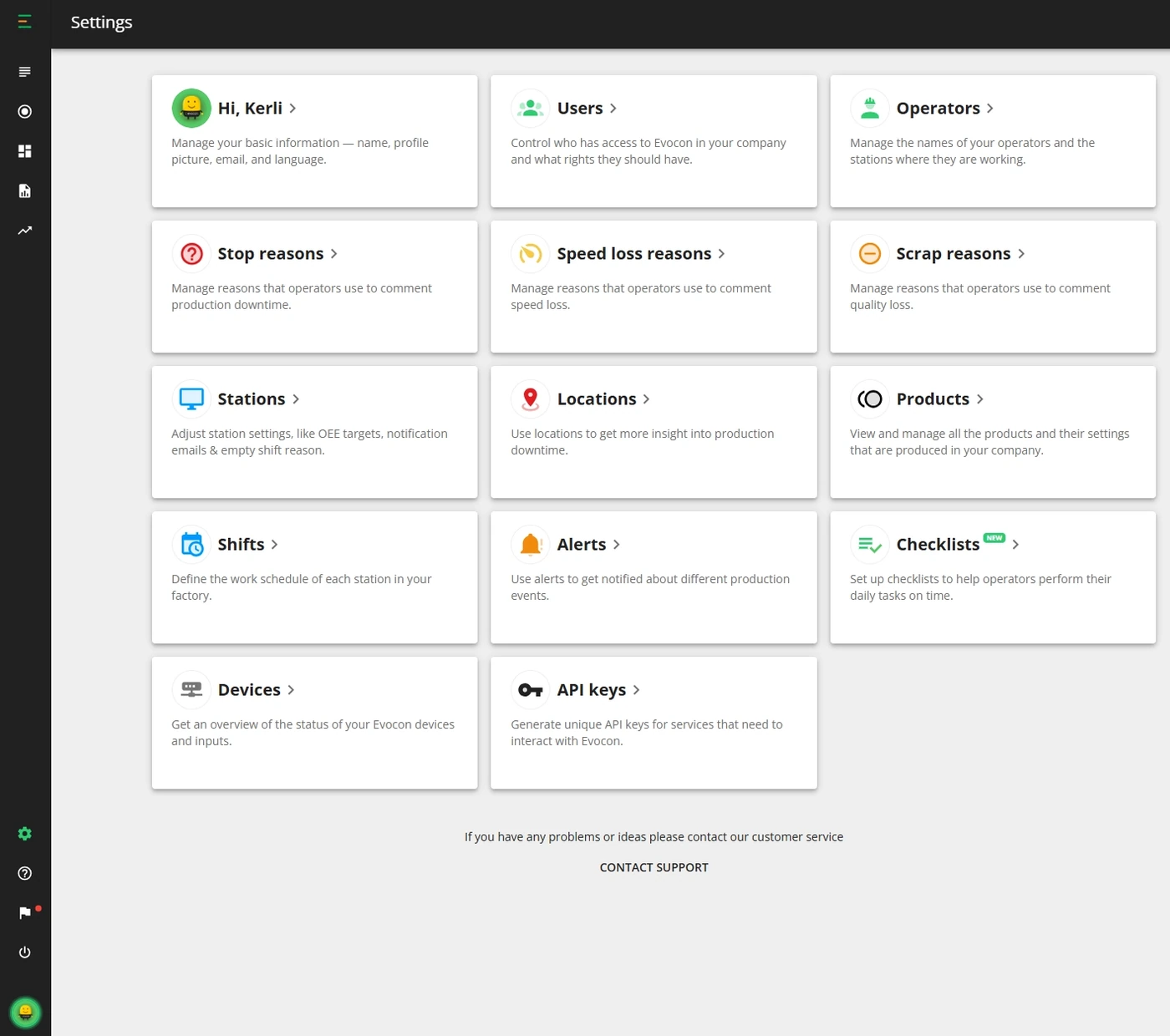Captura de pantalla: En la vista de Configuración (Settings) verá subsecciones para los diferentes parámetros.