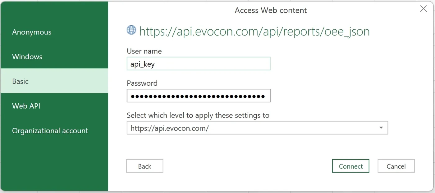 Captura de pantalla: Password (Contraseña): Ingrese su Secret Key de Evocon.