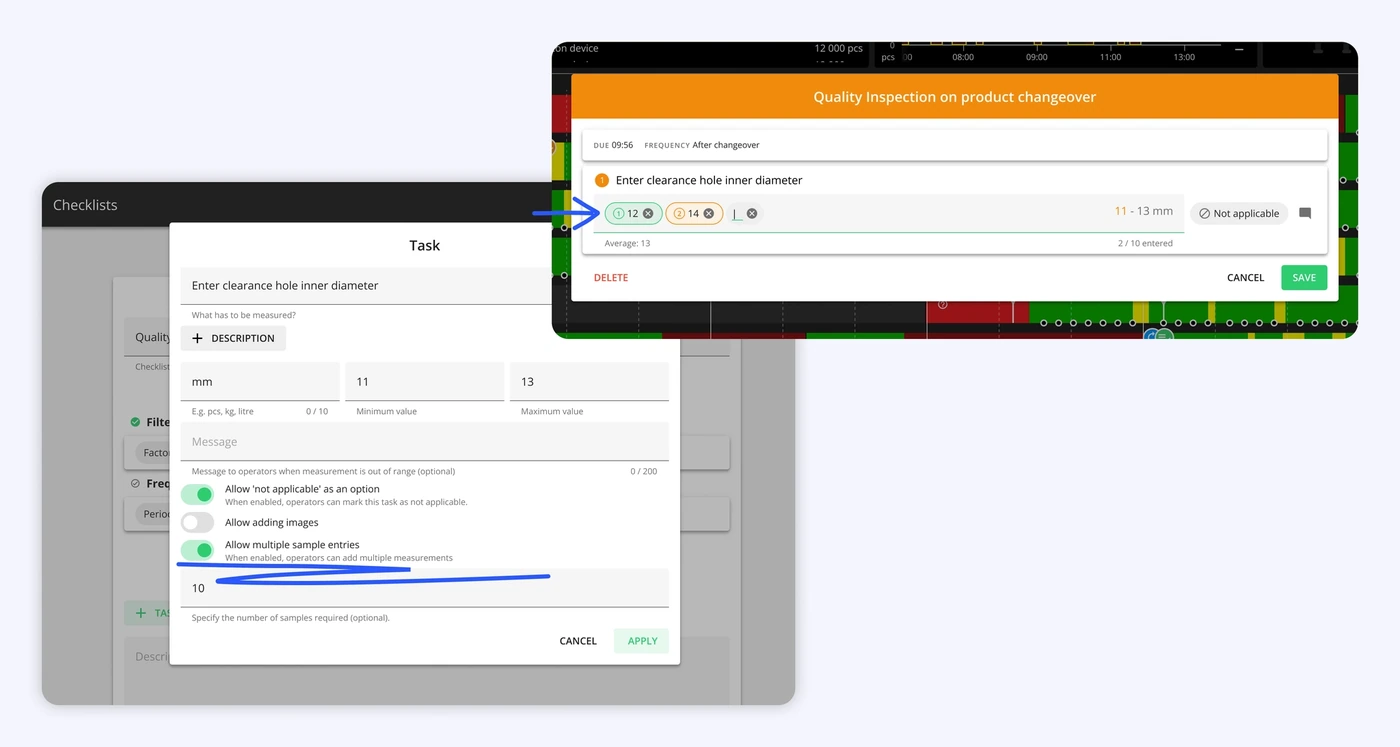 Captura de pantalla: Tarea de lista de verificación con múltiples muestras para mediciones de calidad