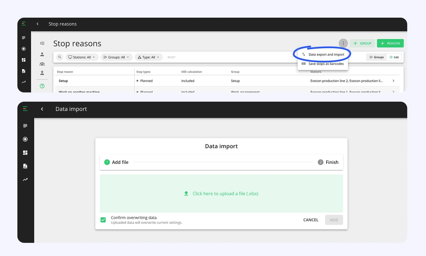 Captura de pantalla: Exportación/importación de paradas para configurar y editar más rápido
